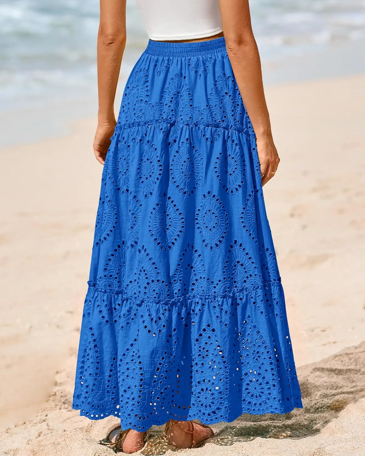 BTFBM Women's Boho Casual Skirts Summer 2025 Lace Embroidery Eyelet Elastic Waist Flowy Tiered A-Line Beach Maxi Skirt