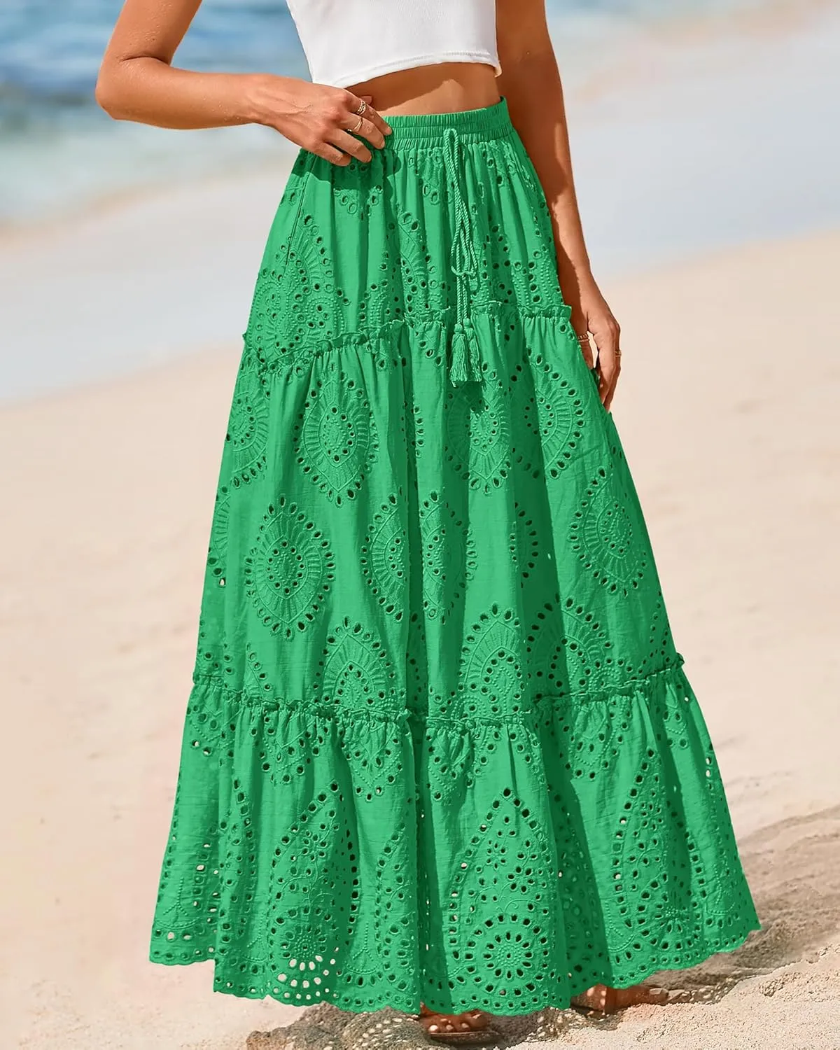 BTFBM Women's Boho Casual Skirts Summer 2025 Lace Embroidery Eyelet Elastic Waist Flowy Tiered A-Line Beach Maxi Skirt