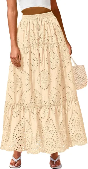 BTFBM Women's Boho Casual Skirts Summer 2025 Lace Embroidery Eyelet Elastic Waist Flowy Tiered A-Line Beach Maxi Skirt