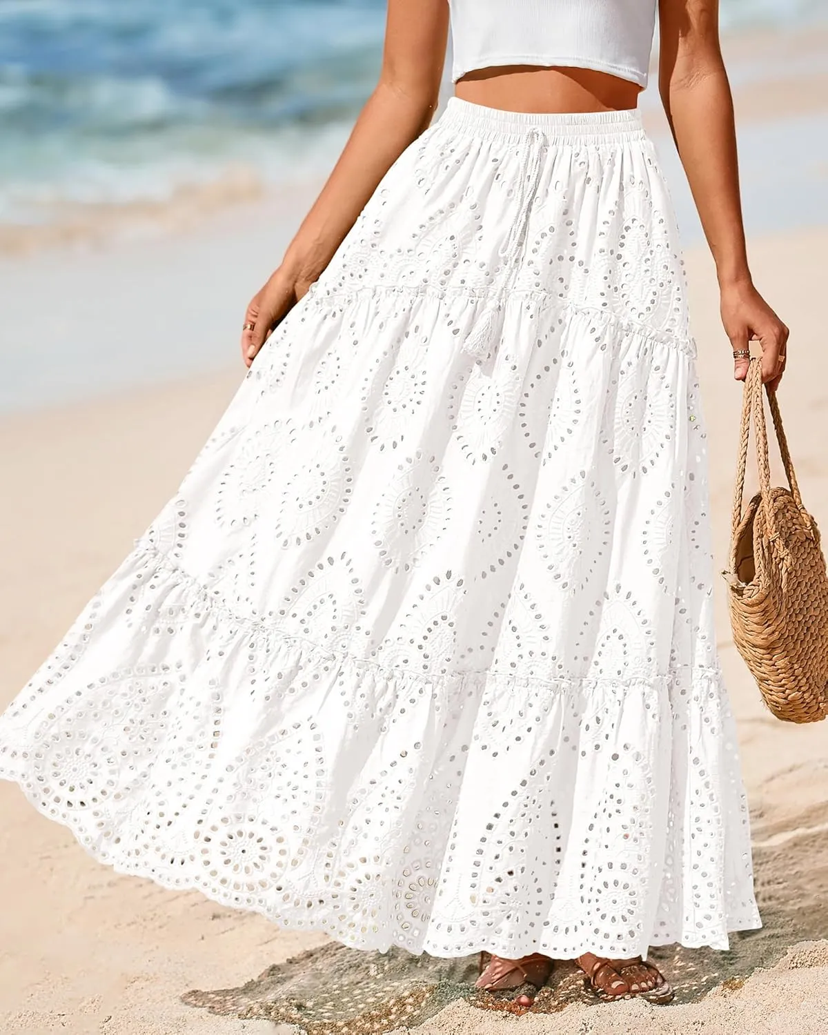 BTFBM Women's Boho Casual Skirts Summer 2025 Lace Embroidery Eyelet Elastic Waist Flowy Tiered A-Line Beach Maxi Skirt