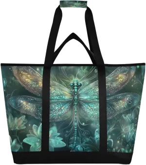Butterfly Flower Green Large Insulated Reusable Tote Bag for Grocery Shopping for Women Men, Cooler Bag with Zippered Top & Handles for Travel Beach Picnic