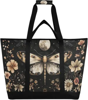 Butterfly Moon Flower Large Insulated Reusable Tote Bag for Grocery Shopping for Women Men, Cooler Bag with Zippered Top & Handles for Travel Beach Picnic