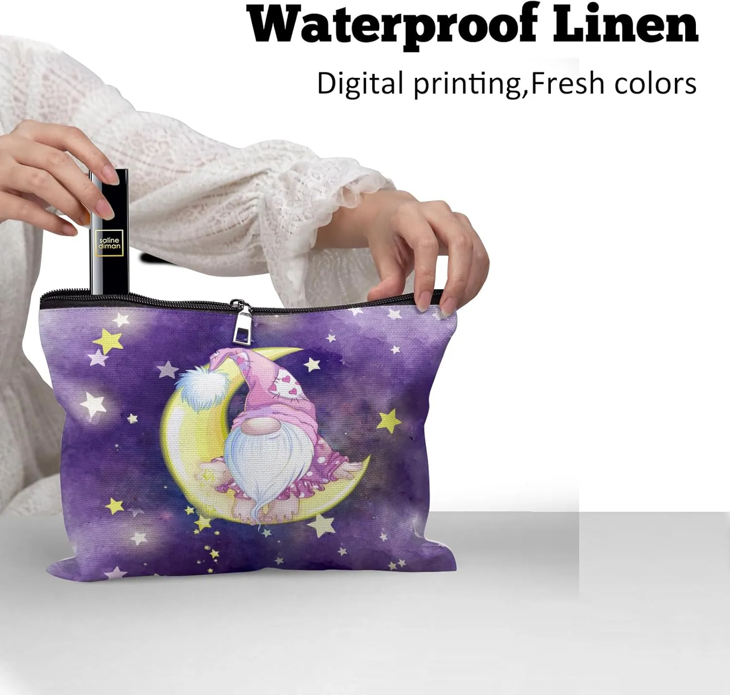 Cafl Cute Gnome Star Makeup Bag Cartoon Pink Dwarf Cosmetic Bag for Women Large Capacity Make Up Bag Portable Travel Toiletry Pouch Organizer 10 * 8inch