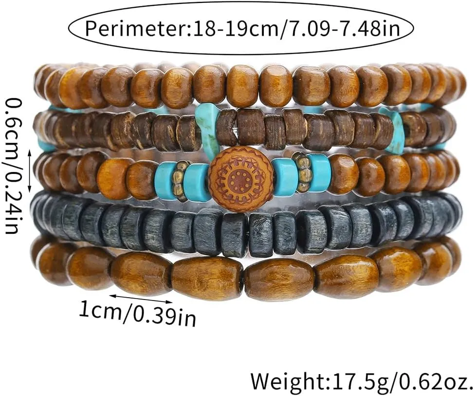 Caiyao Vintage Multilayer African Turpine Wood Beaded Stretch Bracelets Bohemian Retro Coconut Shell Stackable Elastic Bracelet for Women Men Summer Beach Vacation Holiday Jewelry Gifts