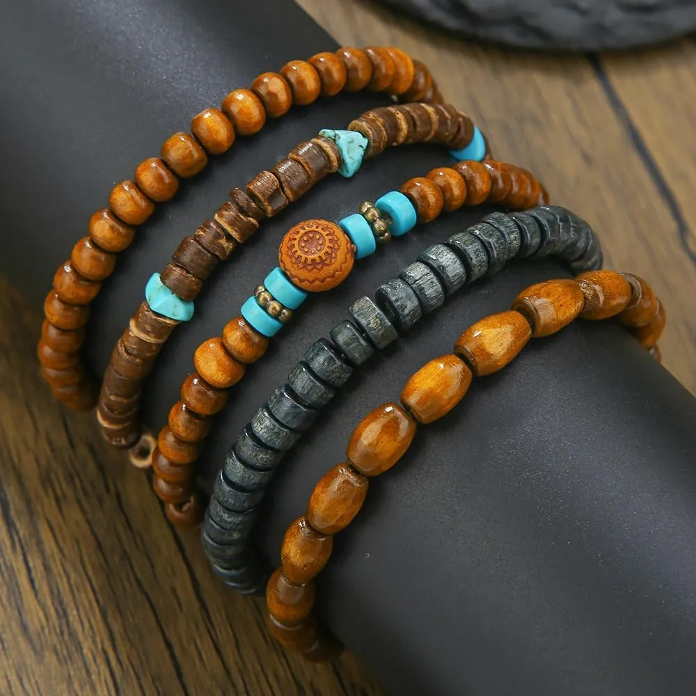 Caiyao Vintage Multilayer African Turpine Wood Beaded Stretch Bracelets Bohemian Retro Coconut Shell Stackable Elastic Bracelet for Women Men Summer Beach Vacation Holiday Jewelry Gifts