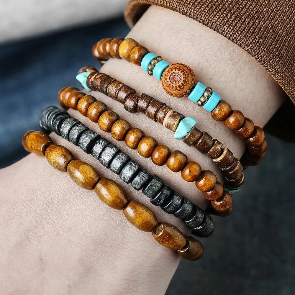 Caiyao Vintage Multilayer African Turpine Wood Beaded Stretch Bracelets Bohemian Retro Coconut Shell Stackable Elastic Bracelet for Women Men Summer Beach Vacation Holiday Jewelry Gifts