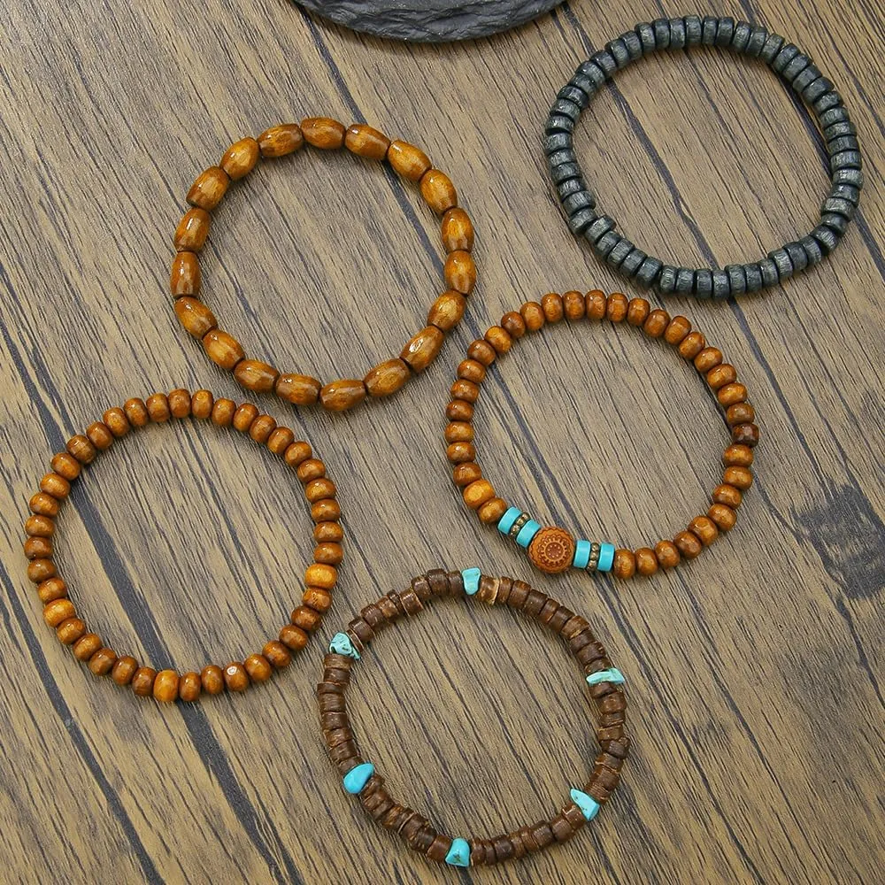 Caiyao Vintage Multilayer African Turpine Wood Beaded Stretch Bracelets Bohemian Retro Coconut Shell Stackable Elastic Bracelet for Women Men Summer Beach Vacation Holiday Jewelry Gifts