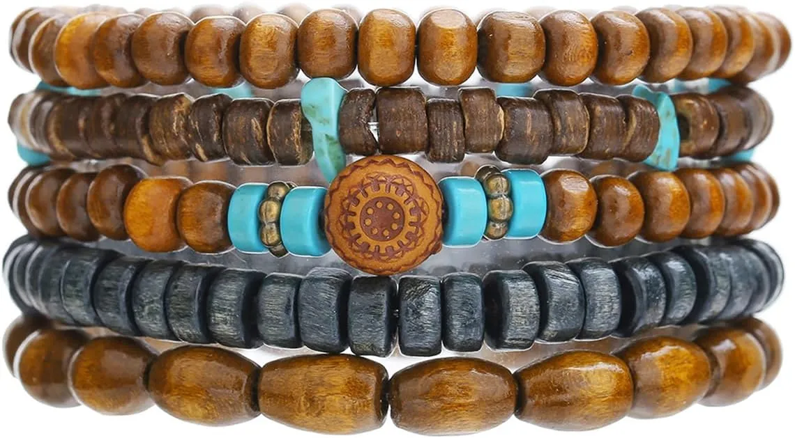 Caiyao Vintage Multilayer African Turpine Wood Beaded Stretch Bracelets Bohemian Retro Coconut Shell Stackable Elastic Bracelet for Women Men Summer Beach Vacation Holiday Jewelry Gifts