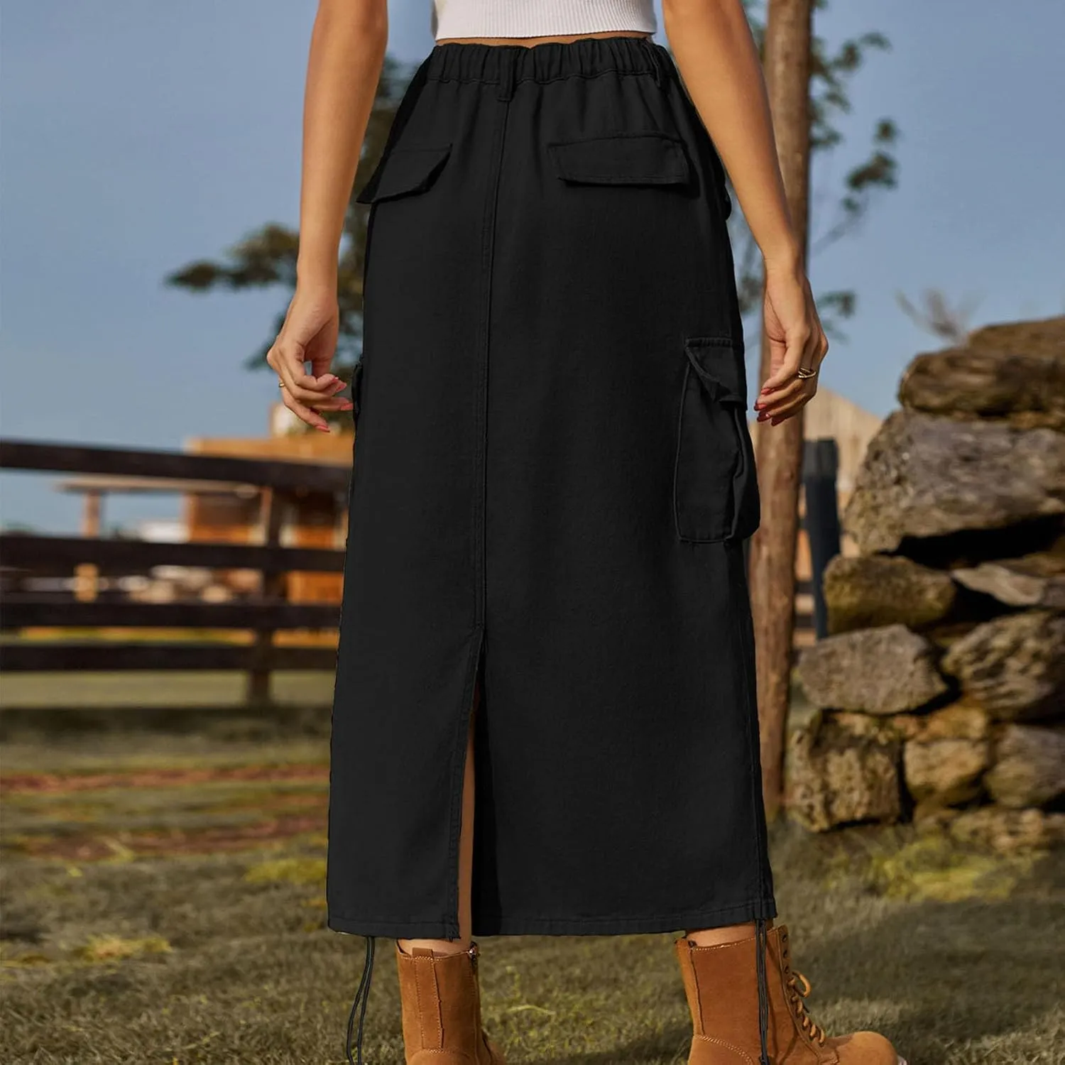 Cargo Maxi Skirt for Women High Waist Drawstring Utility Long Skirt with Pockets Streetwear Trendy