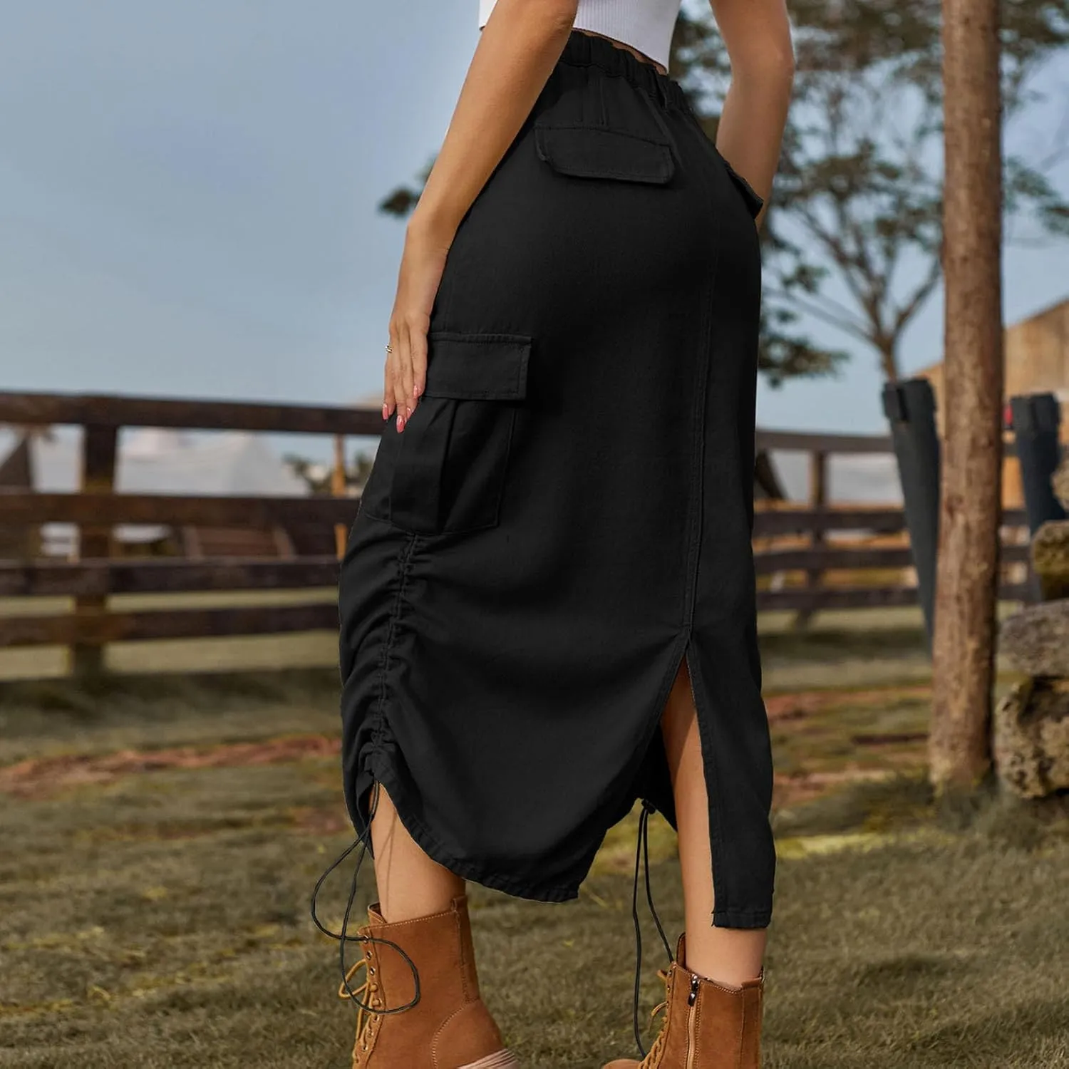 Cargo Maxi Skirt for Women High Waist Drawstring Utility Long Skirt with Pockets Streetwear Trendy