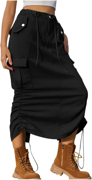 Cargo Maxi Skirt for Women High Waist Drawstring Utility Long Skirt with Pockets Streetwear Trendy