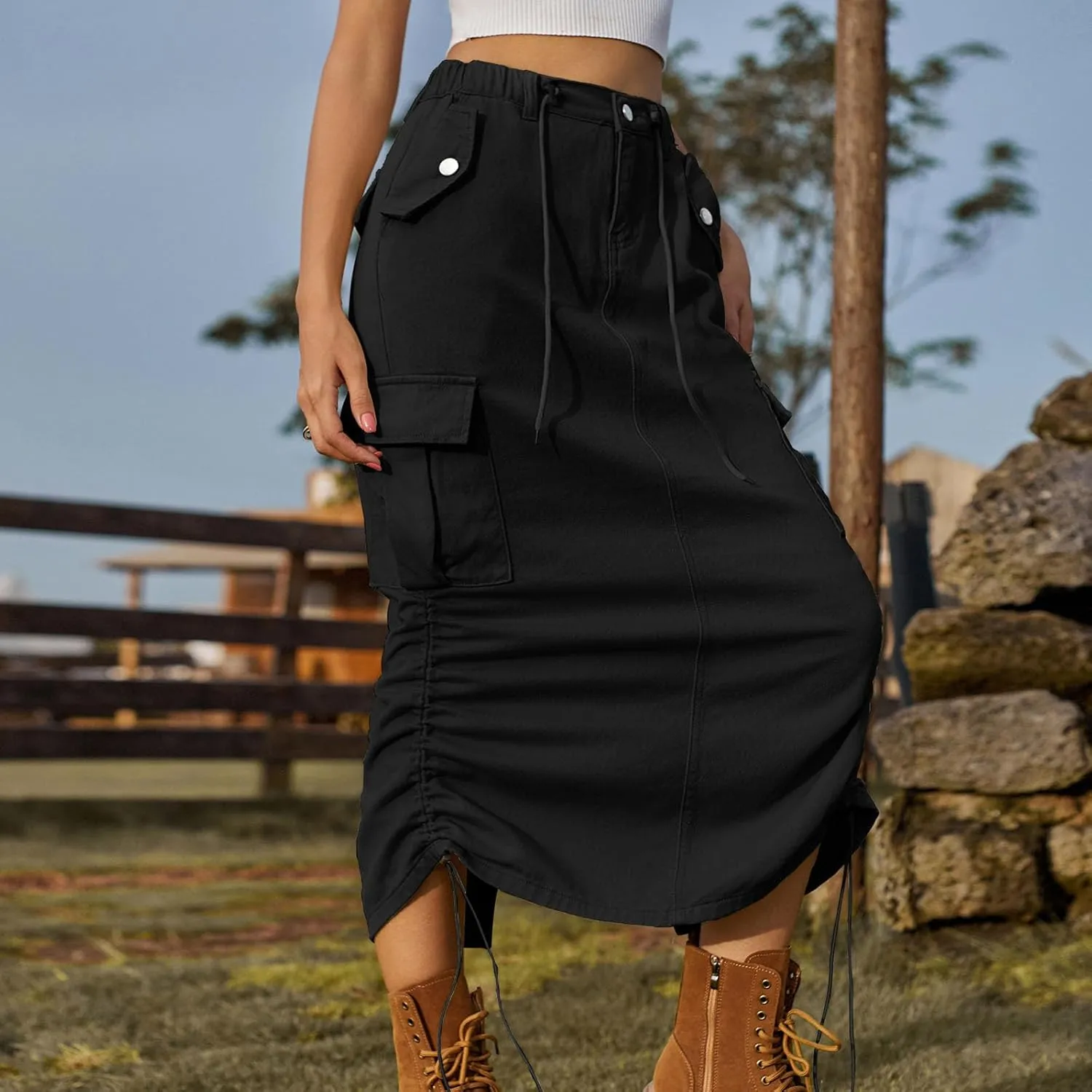 Cargo Maxi Skirt for Women High Waist Drawstring Utility Long Skirt with Pockets Streetwear Trendy