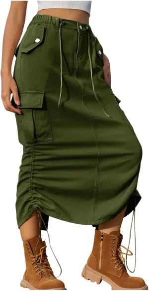 Cargo Maxi Skirt for Women High Waist Drawstring Utility Long Skirt with Pockets Streetwear Trendy