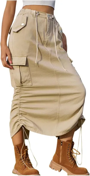 Cargo Maxi Skirt for Women High Waist Drawstring Utility Long Skirt with Pockets Streetwear Trendy