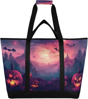 Castle Sky Pumpkins Bats Large Insulated Reusable Tote Bag for Grocery Shopping for Women Men, Cooler Bag with Zippered Top & Handles for Travel Beach Picnic