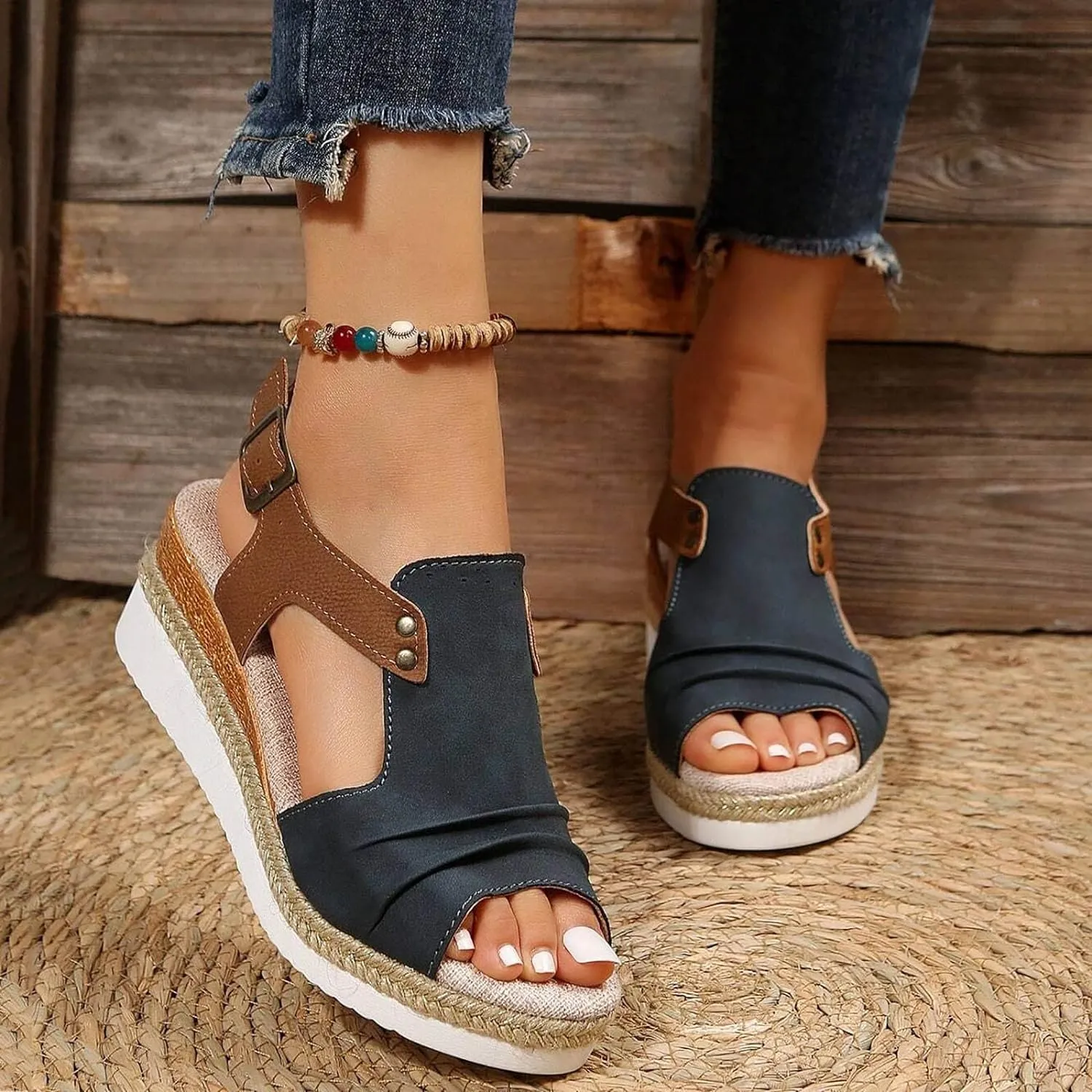 Cathalem Orthopedic Wedge Sandals for Women Summer Dressy Open Toe Ankle Strap Platform Sandals Casual Strappy Slip on Sandals Beach Shoes