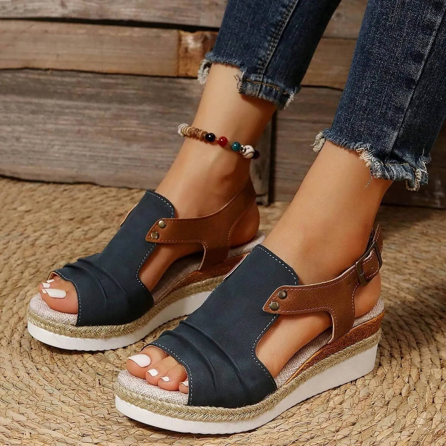 Cathalem Orthopedic Wedge Sandals for Women Summer Dressy Open Toe Ankle Strap Platform Sandals Casual Strappy Slip on Sandals Beach Shoes