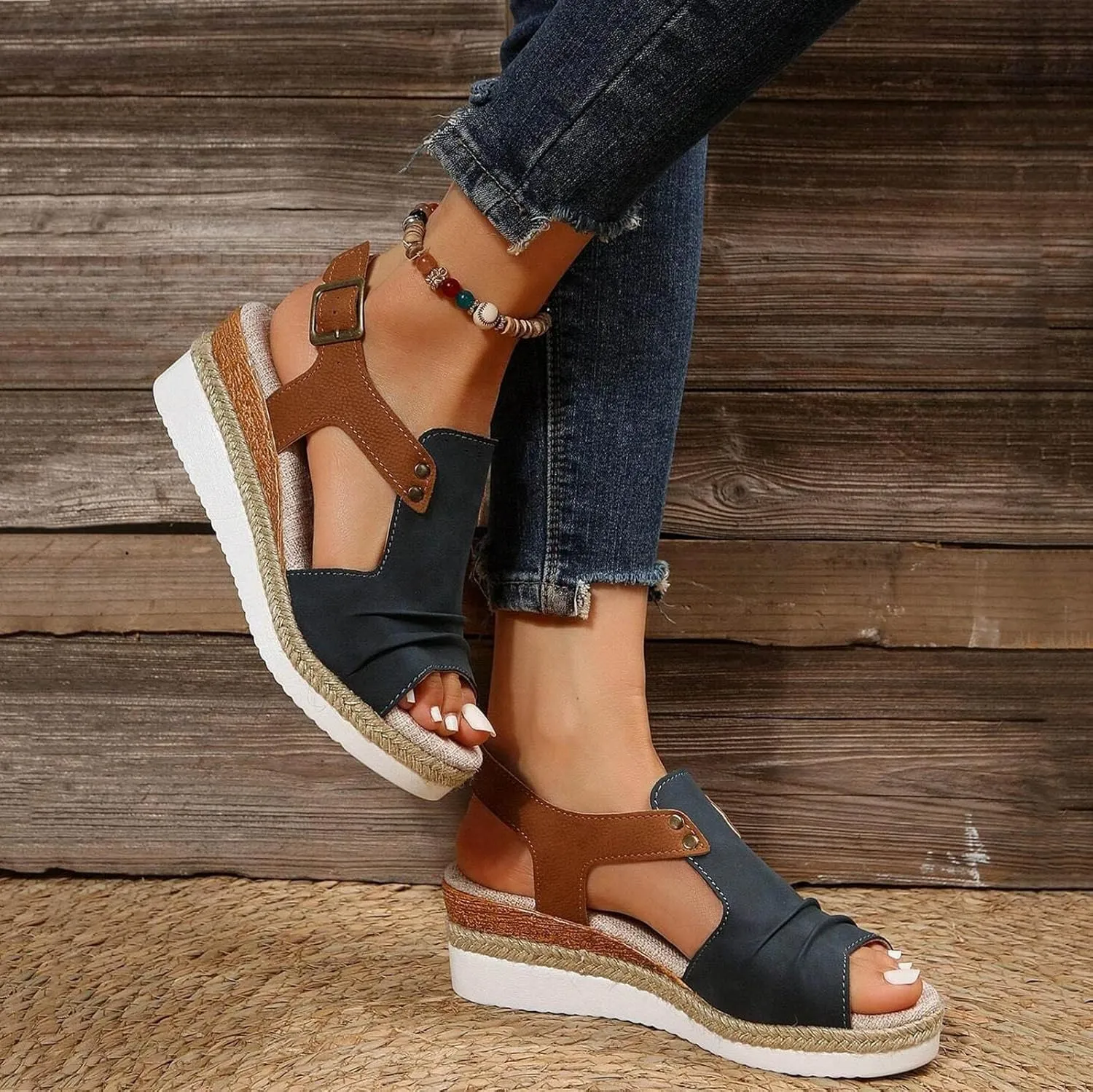 Cathalem Orthopedic Wedge Sandals for Women Summer Dressy Open Toe Ankle Strap Platform Sandals Casual Strappy Slip on Sandals Beach Shoes
