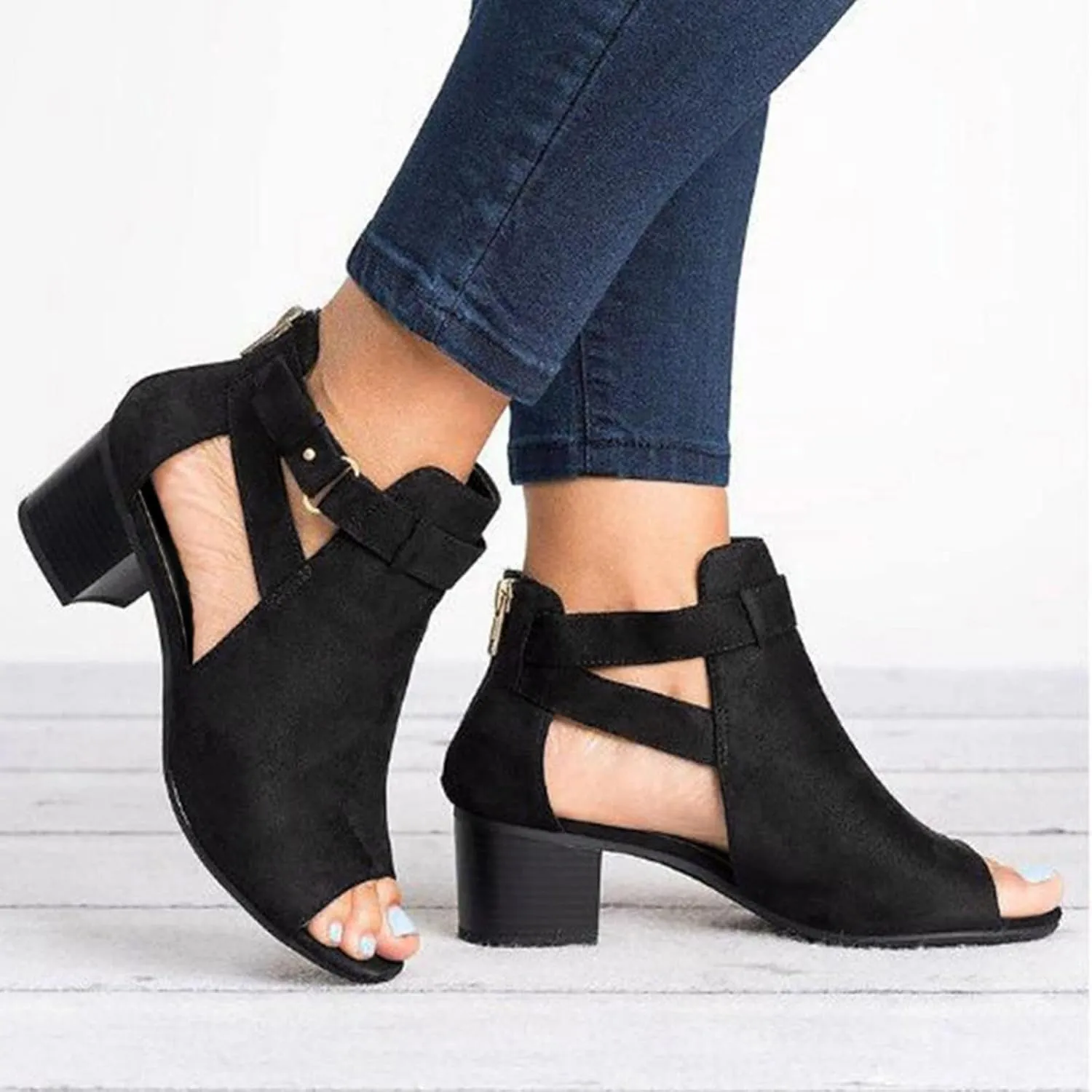 Cathalem Platform Sandals for Women, Women's Suede Peep Toe Ankle Booties Fashion Cut Out Stacked Block Heel Ankle Boots Summer Dressy