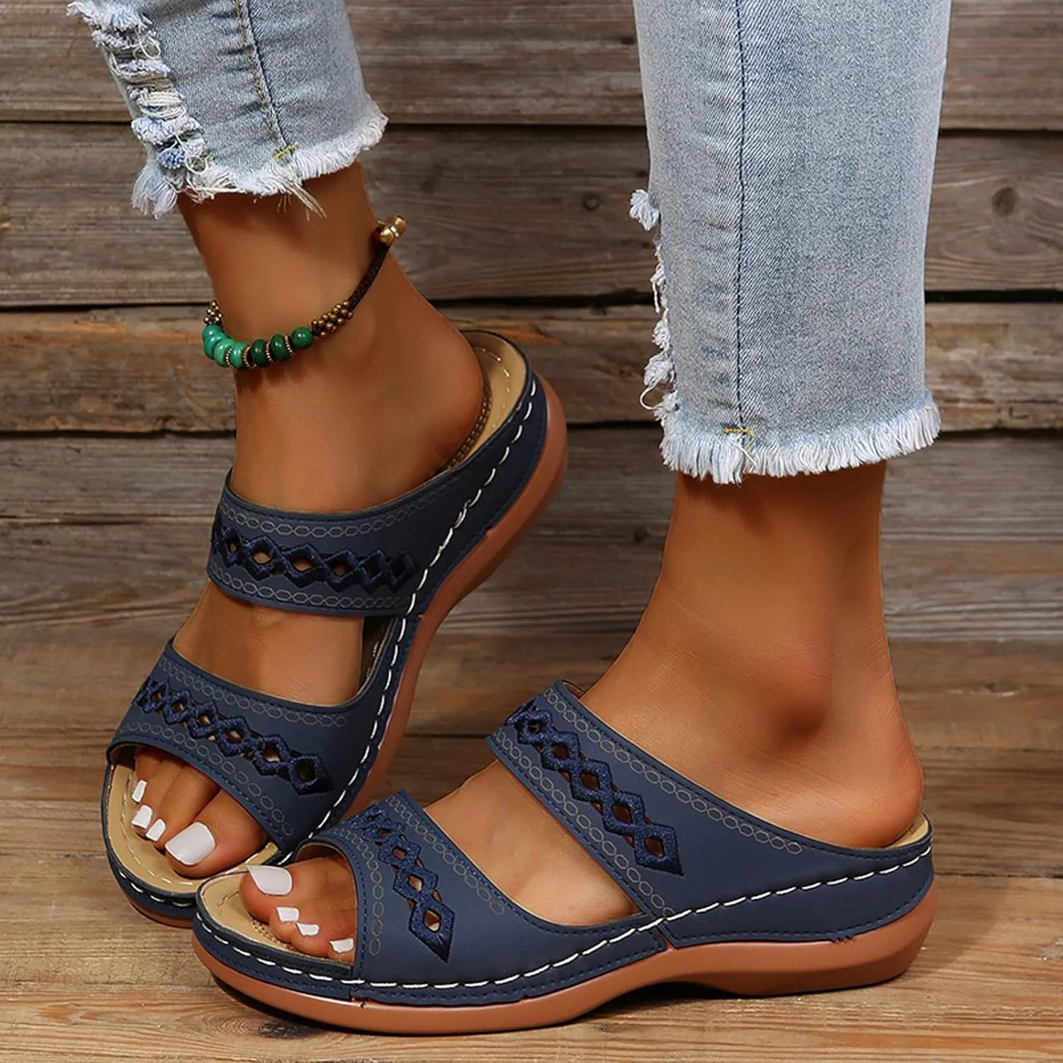 Cathalem Sandals for Women Orthopedic Walking Shoes Black Flat Sandals for Women Arch Support Slides for Women
