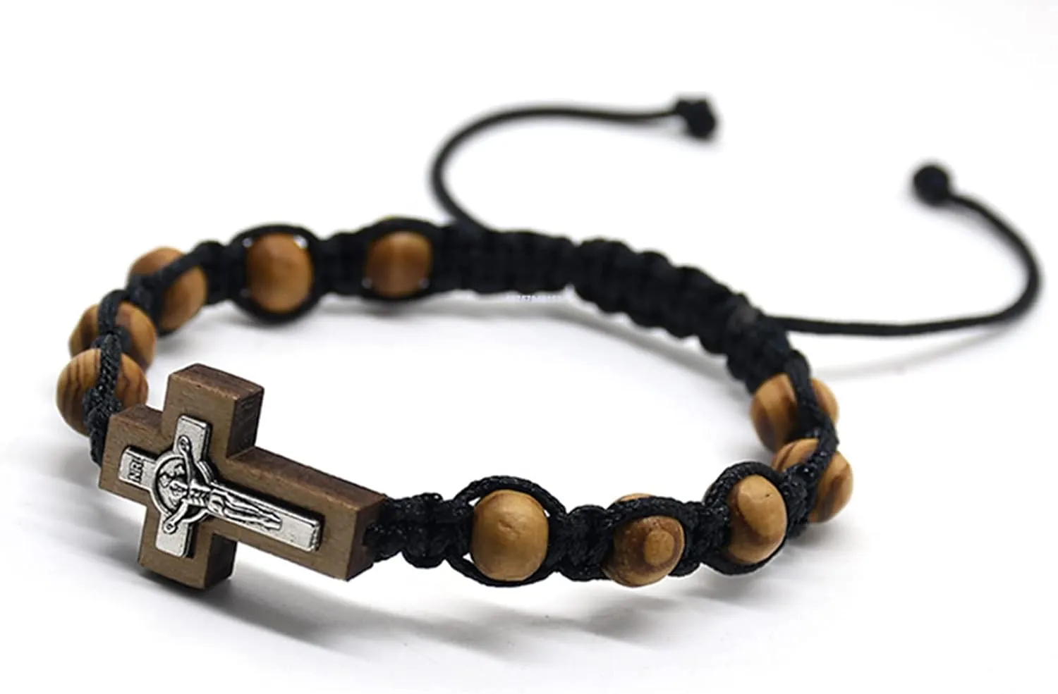 Catholic Wooden Beads Adjustable Men's Bracelets Rosary with Wood Crucifix (Black)