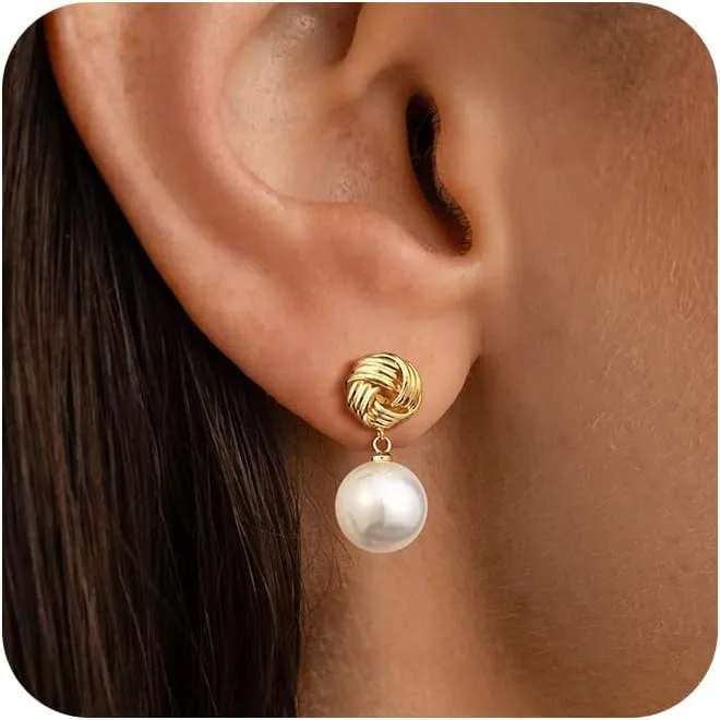 CHESKY Pearl Drop Studs Earrings for Women??14k Gold Plated Love Knot Pearls Earrings Lightweight Hypoallergenic Gold Yarn Ball Statement Earrings for Women Pearl Trendy Wedding Gifts