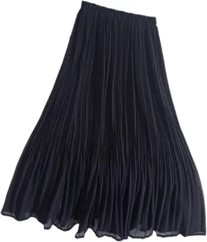 Chiffon Pleated Midi Skirt, Women Casual Simple Style Skirt, Solid A Line Elastic High Waist Long Skirt