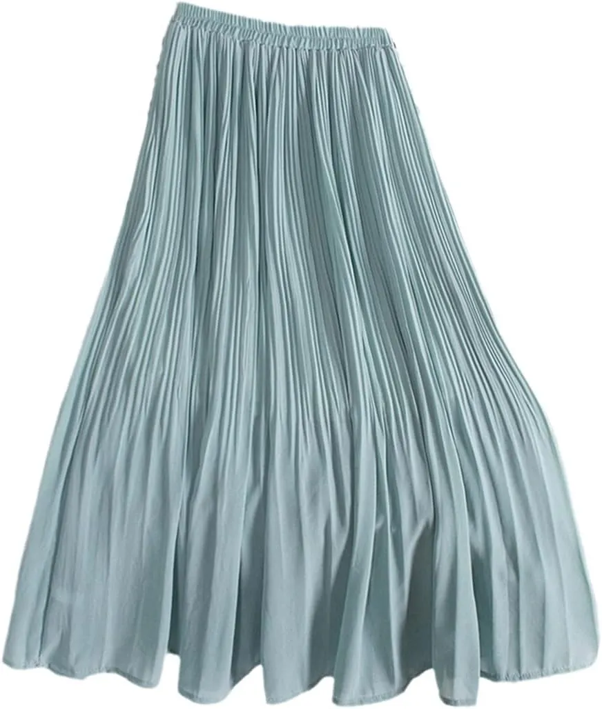Chiffon Pleated Midi Skirt, Women Casual Simple Style Skirt, Solid A Line Elastic High Waist Long Skirt