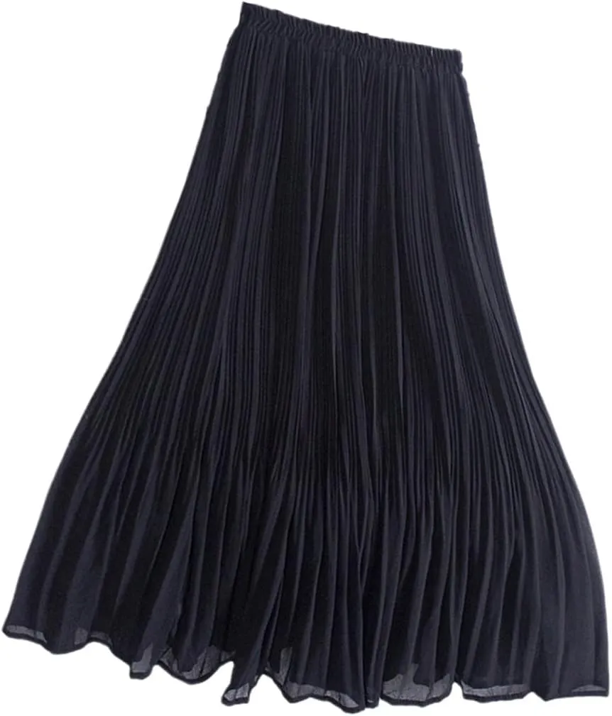 Chiffon Pleated Midi Skirt, Women Casual Simple Style Skirt, Solid A Line Elastic High Waist Long Skirt