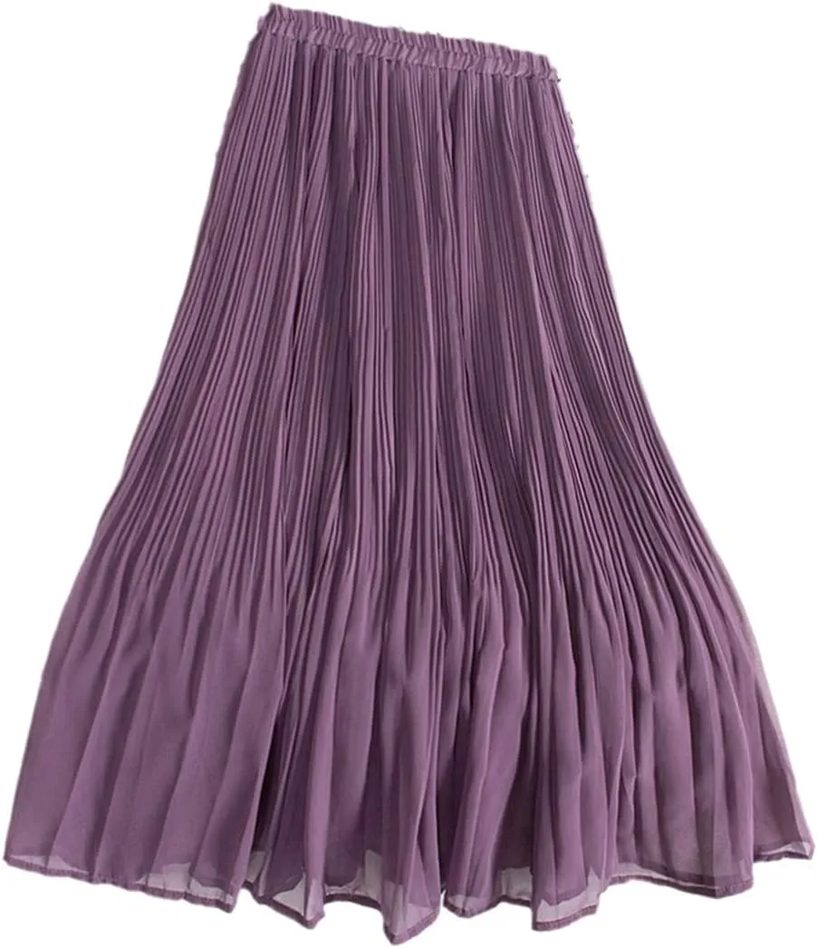 Chiffon Pleated Midi Skirt, Women Casual Simple Style Skirt, Solid A Line Elastic High Waist Long Skirt