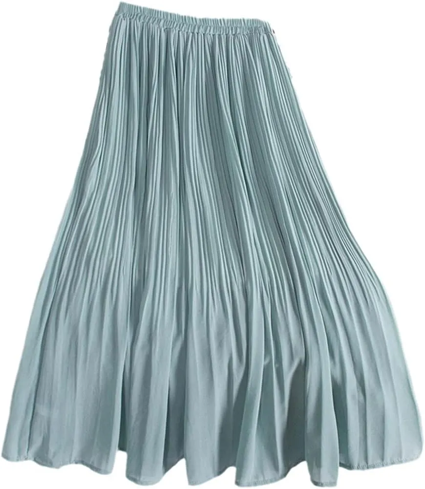 Chiffon Pleated Midi Skirt, Women Casual Simple Style Skirt, Solid A Line Elastic High Waist Long Skirt