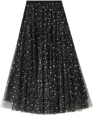Chiffon Sequin Skirts for Women High Waist Swing Pleated Skirts Elastic Waist Casual Ruffle Long Skirt