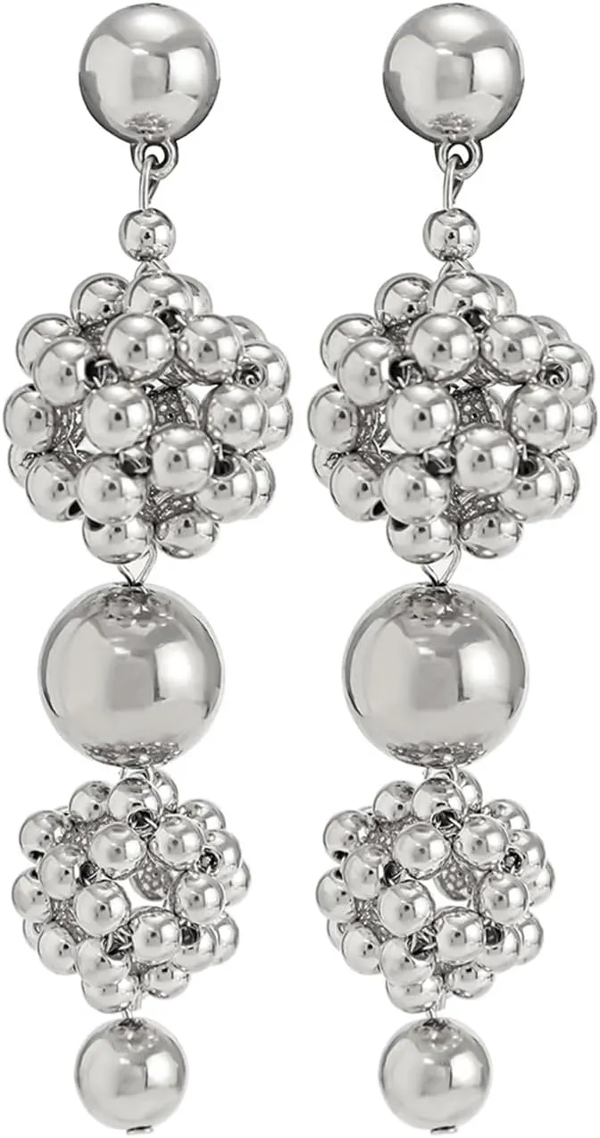 Chunky Gold Balls Drop Dangle Earrings for Women Her Trendy Silver Round Beaded Dangling Earrings Long Disco Ball Earrings Jewelry Accessories