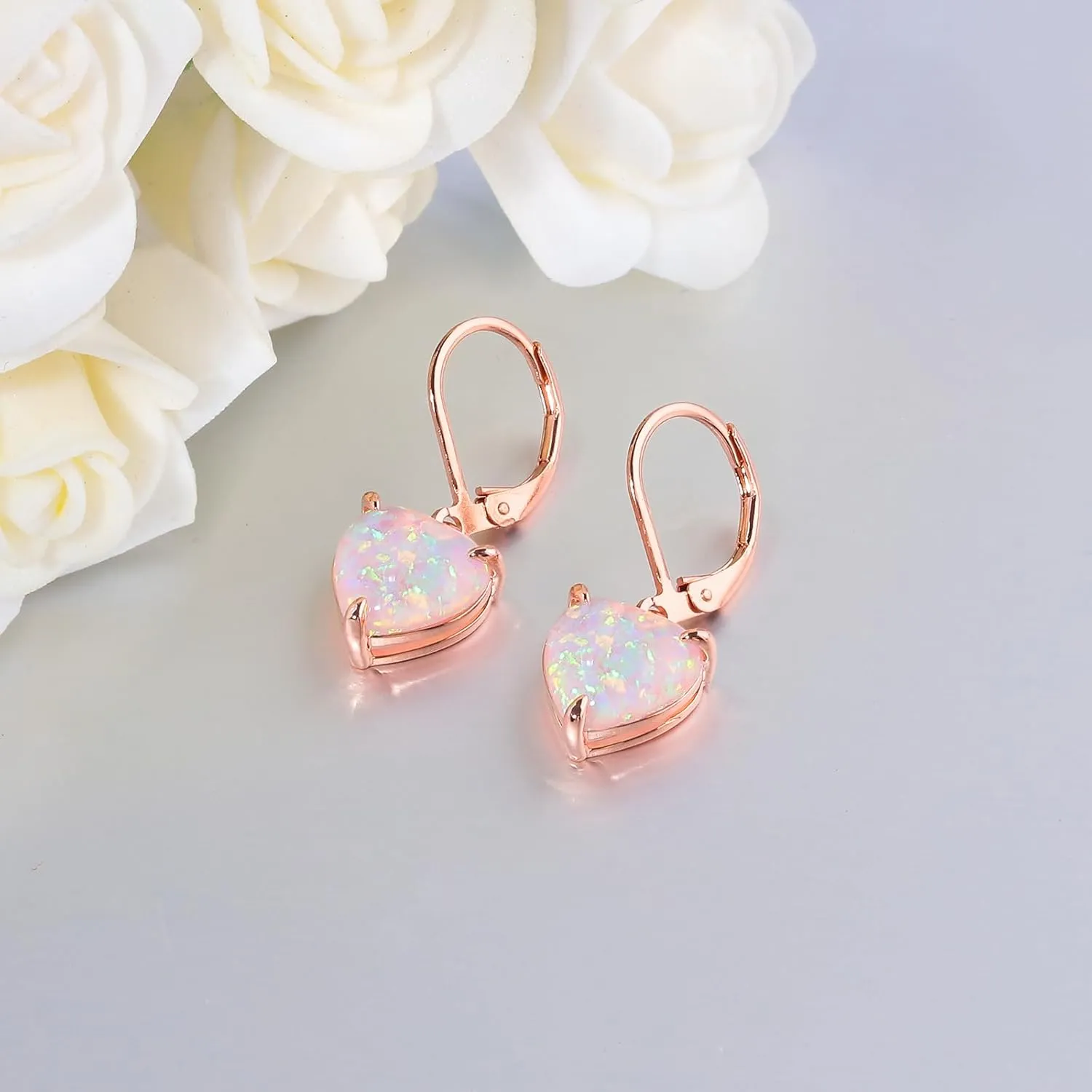 CiNily Heart Opal Earrings Leverback Drop Earrings for Women Hypoallergenic, Pendant Earrings 14K White Gold/Rose Gold Dangle Earrings Opal Hoops Birthday Wedding Mothers Day Jewelry Gifts