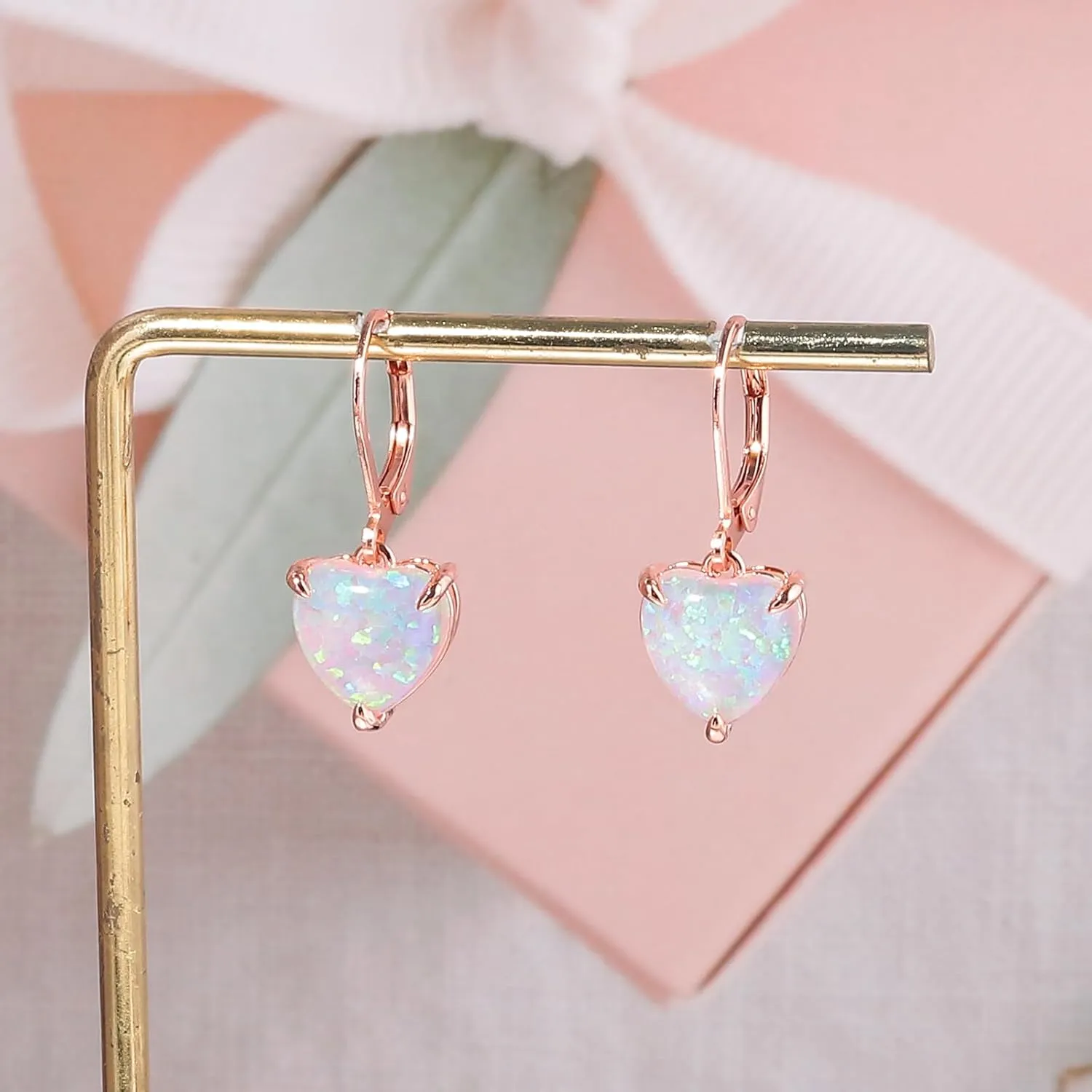 CiNily Heart Opal Earrings Leverback Drop Earrings for Women Hypoallergenic, Pendant Earrings 14K White Gold/Rose Gold Dangle Earrings Opal Hoops Birthday Wedding Mothers Day Jewelry Gifts