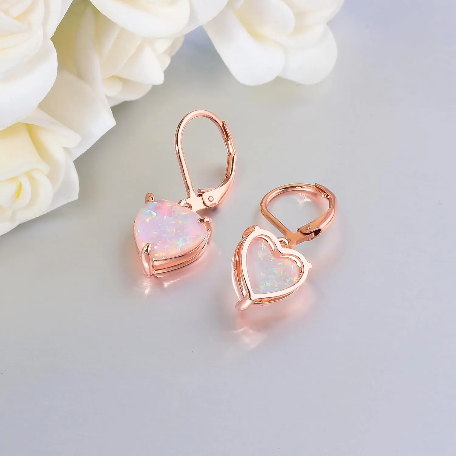 CiNily Heart Opal Earrings Leverback Drop Earrings for Women Hypoallergenic, Pendant Earrings 14K White Gold/Rose Gold Dangle Earrings Opal Hoops Birthday Wedding Mothers Day Jewelry Gifts