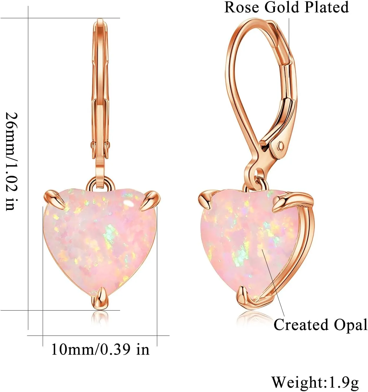 CiNily Heart Opal Earrings Leverback Drop Earrings for Women Hypoallergenic, Pendant Earrings 14K White Gold/Rose Gold Dangle Earrings Opal Hoops Birthday Wedding Mothers Day Jewelry Gifts