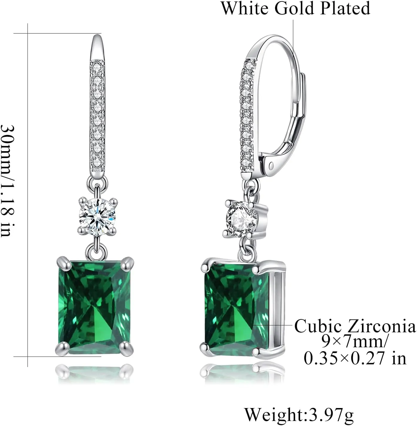 CiNily Rectangular-cut Drop Dangle Earrings for Women Hypoallergenic, Multi-color Cubic Zirconia Earrings Diamond Dangle Earrings Jewelry Gifts for Mothers Day 14K White Gold
