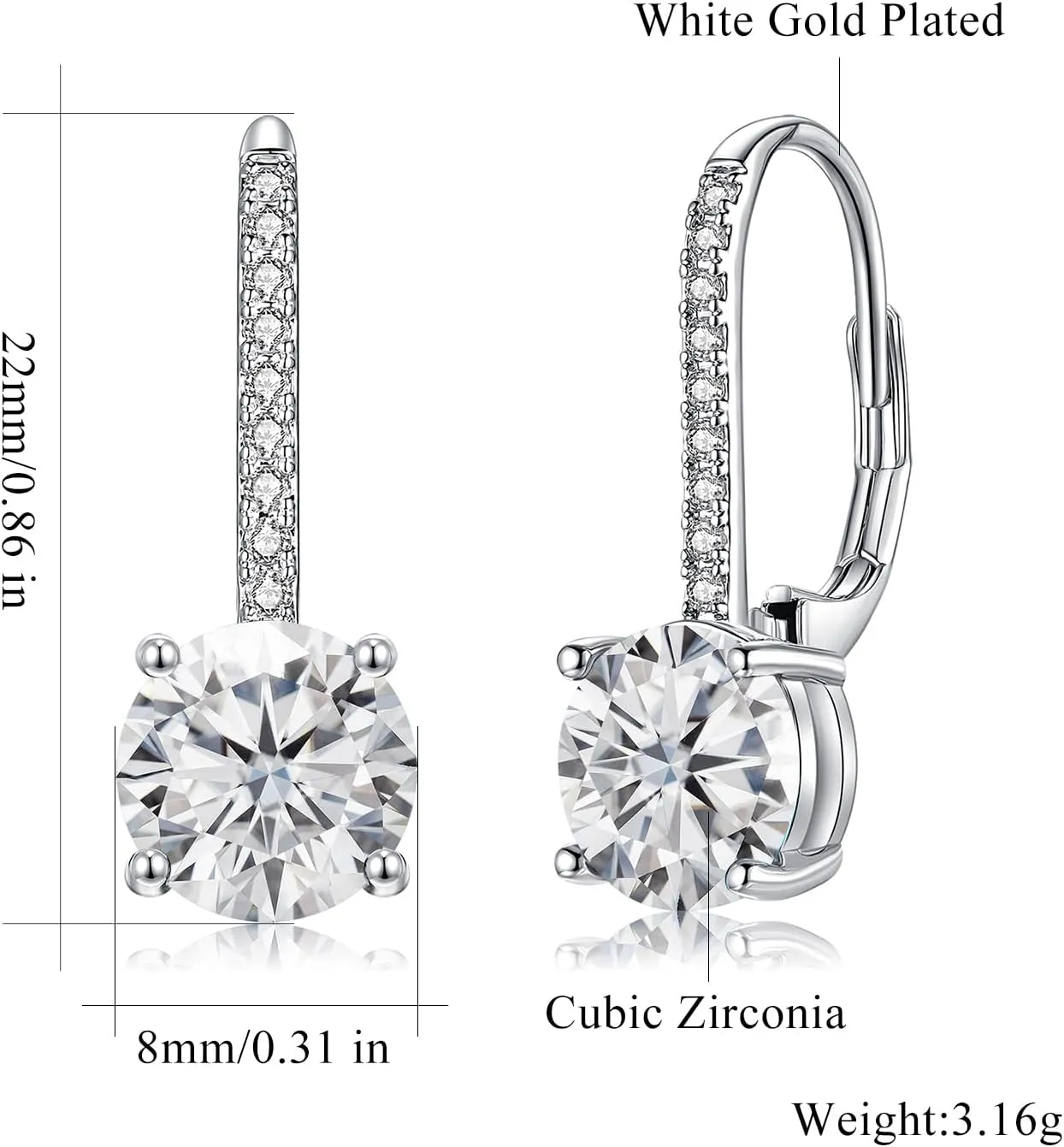 CiNily Round Cut Drop Dangle Earrings for Women Hypoallergenic, Multi-color Cubic Zirconia Earrings Diamond Dangle Earrings Jewelry Gifts for Mothers Day 14K White Gold, Yellow Gold, Rose Gold