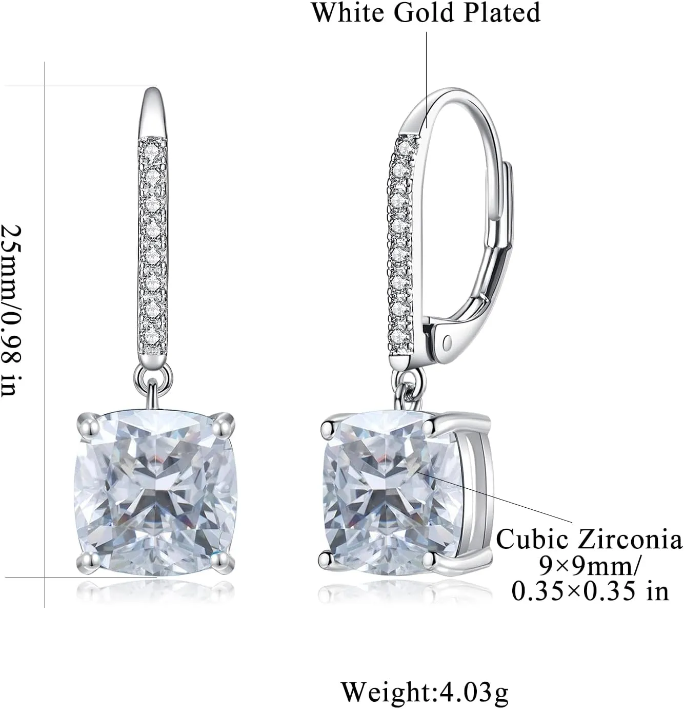 CiNily Square-cut Drop Dangle Earrings for Women Hypoallergenic, Multi-color Cubic Zirconia Earrings Diamond Dangle Earrings Jewelry Gifts for Mothers Day 14K White Gold, Yellow Gold, Rose Gold