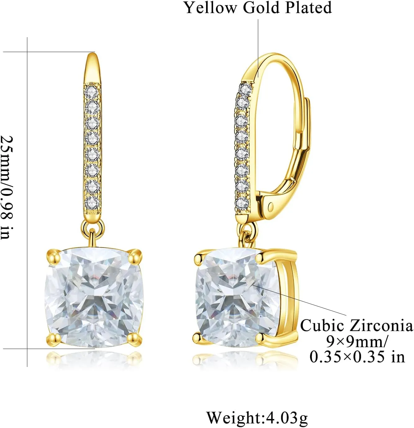CiNily Square-cut Drop Dangle Earrings for Women Hypoallergenic, Multi-color Cubic Zirconia Earrings Diamond Dangle Earrings Jewelry Gifts for Mothers Day 14K White Gold, Yellow Gold, Rose Gold