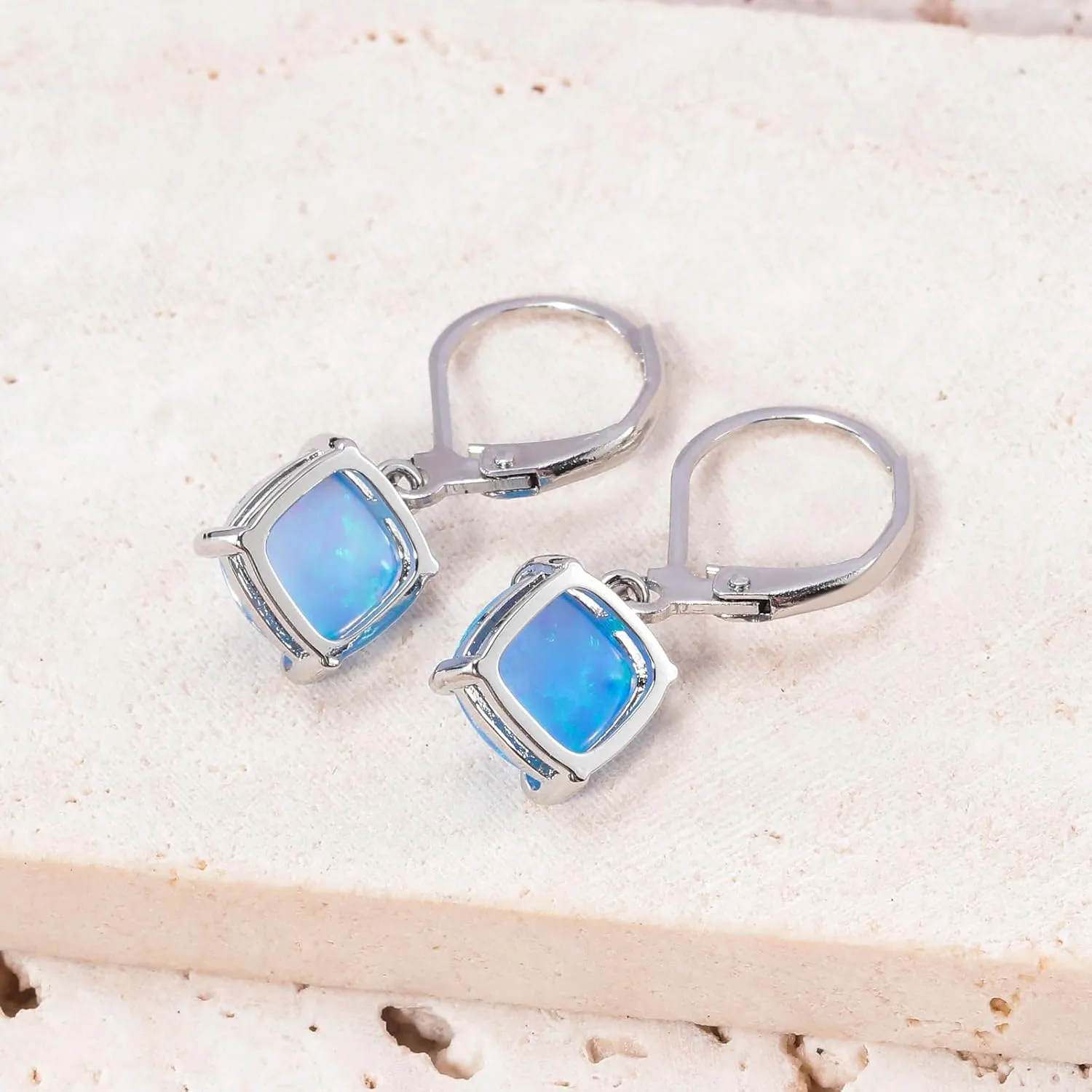 CiNily Square-Cut Opal Earrings Leverback Drop Earrings for Women Hypoallergenic, Pendant Earrings 14K White Gold/Gold Dangle Earrings Opal Hoops Birthday Wedding Mothers Day Jewelry Gifts