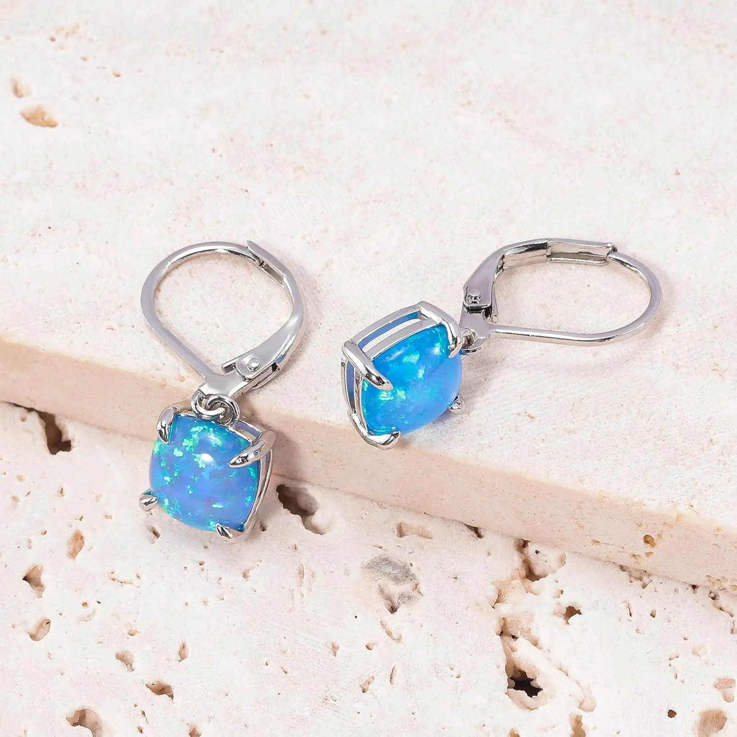 CiNily Square-Cut Opal Earrings Leverback Drop Earrings for Women Hypoallergenic, Pendant Earrings 14K White Gold/Gold Dangle Earrings Opal Hoops Birthday Wedding Mothers Day Jewelry Gifts
