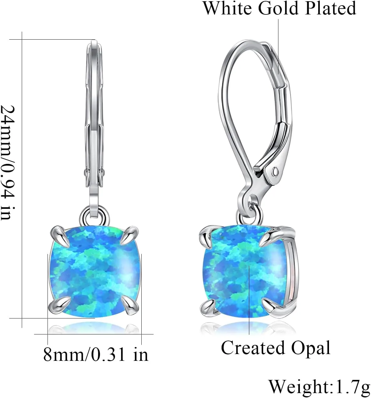CiNily Square-Cut Opal Earrings Leverback Drop Earrings for Women Hypoallergenic, Pendant Earrings 14K White Gold/Gold Dangle Earrings Opal Hoops Birthday Wedding Mothers Day Jewelry Gifts