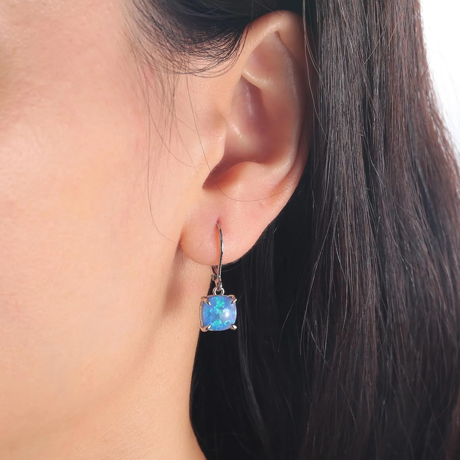CiNily Square-Cut Opal Earrings Leverback Drop Earrings for Women Hypoallergenic, Pendant Earrings 14K White Gold/Gold Dangle Earrings Opal Hoops Birthday Wedding Mothers Day Jewelry Gifts