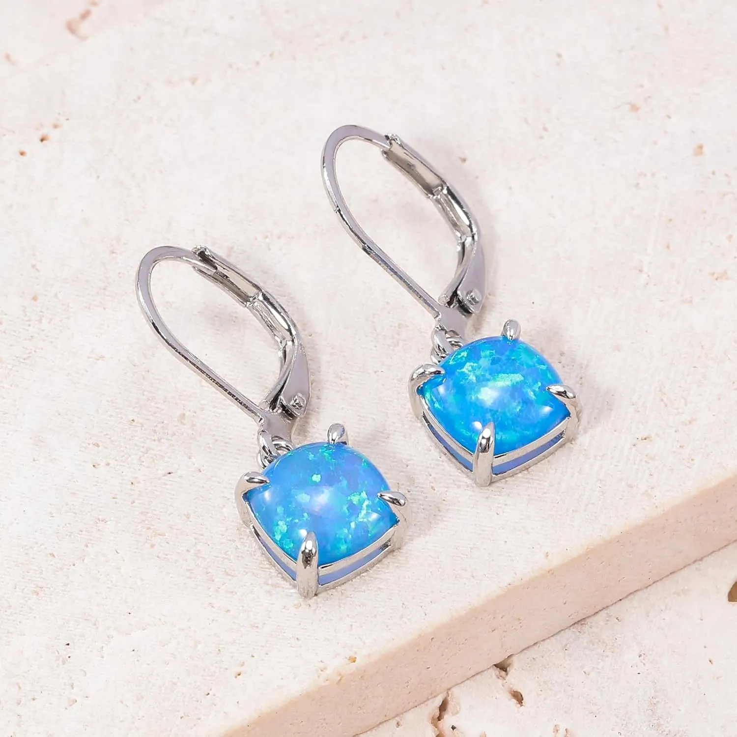 CiNily Square-Cut Opal Earrings Leverback Drop Earrings for Women Hypoallergenic, Pendant Earrings 14K White Gold/Gold Dangle Earrings Opal Hoops Birthday Wedding Mothers Day Jewelry Gifts