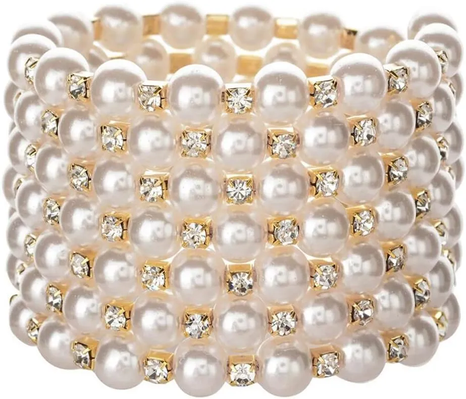 COLORFUL BLING Chunky Imitation Pearl Bracelet for Women Multi Row Layered Crystal Rhinestone Stackable Wrap Open Cuff Bangle Bridal Wedding Jewelry