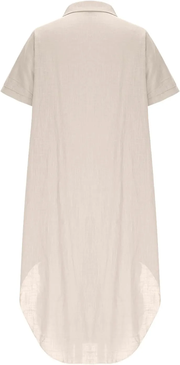 Cotton Linen Women's Short Sleeve Swing Midi Dress Flowy Crewneck Plus Size Casual Beach Vacation T-Shirt Dress