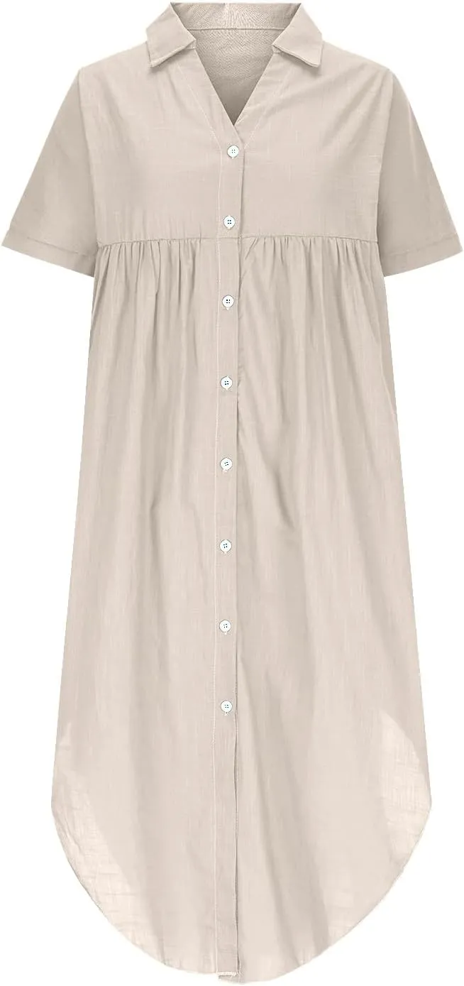 Cotton Linen Women's Short Sleeve Swing Midi Dress Flowy Crewneck Plus Size Casual Beach Vacation T-Shirt Dress