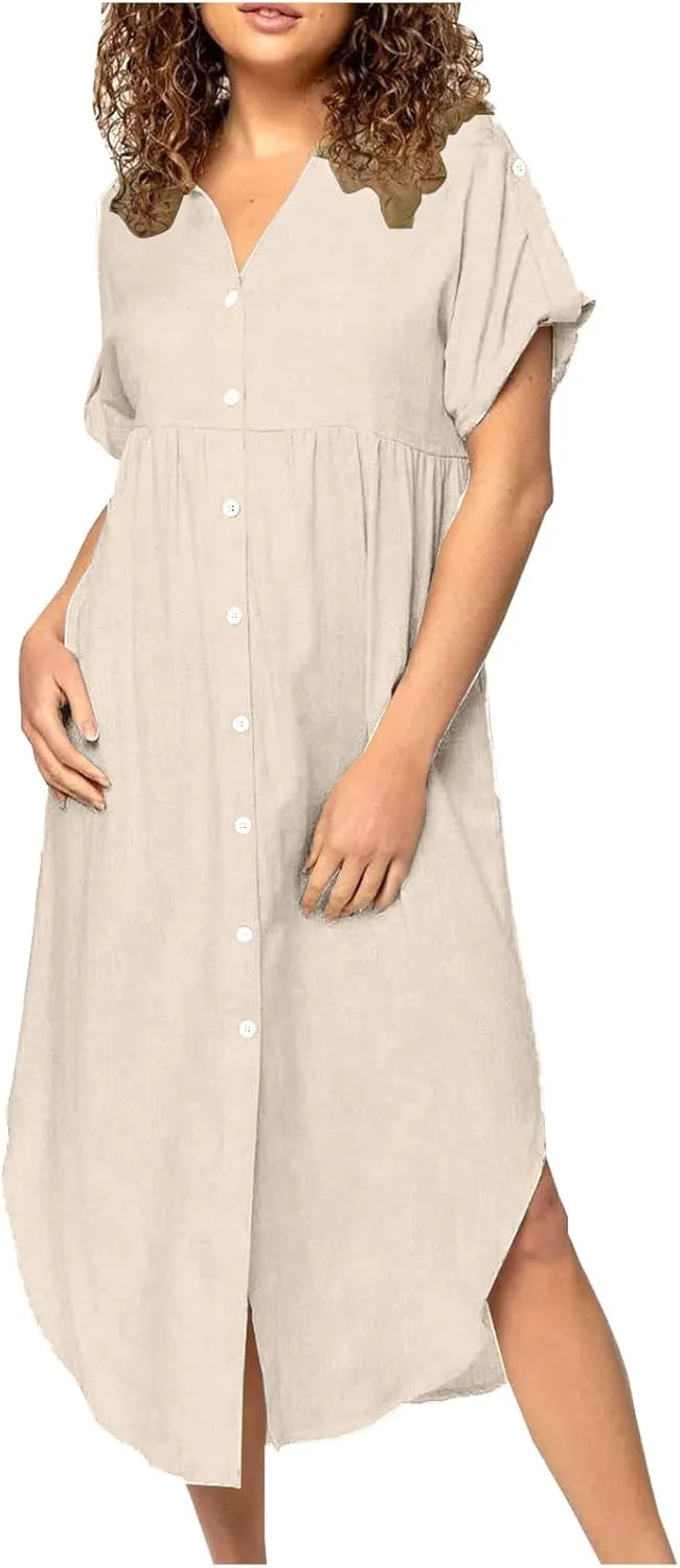 Cotton Linen Women's Short Sleeve Swing Midi Dress Flowy Crewneck Plus Size Casual Beach Vacation T-Shirt Dress